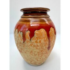Vintage Studio Pottery Vase Red Drip Glaze Hand Thrown Stoneware Vessel